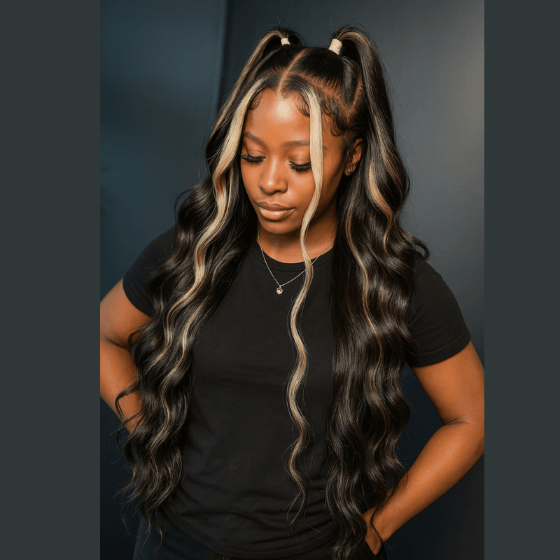 MELANI - Peruca com fechamento de HD Lace 5X5, 34 polegadas, mechas onduladas, loiro mel, 250% Cabelo Humano SEM COLA, Pronta para usar