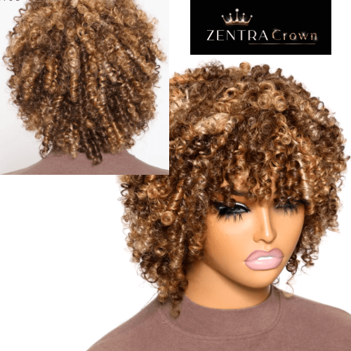 SOLEIL 
Peruca afro crespa com mechas loiras e cachos curtos, 100% cabelo humano, cacheados e saltitantes