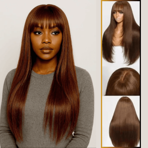 EBONY - Layer Cut Mocha Medium Brown Human Hair Wigs, Straight Wig With Bangs