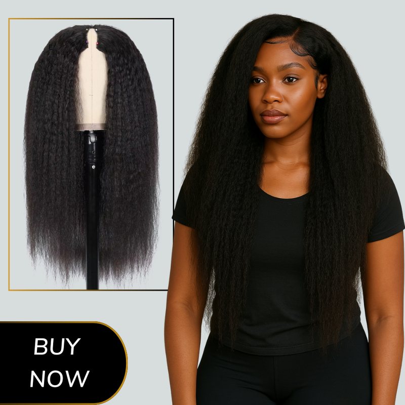 HANNA - Kinky Straight V Part Wig U Part Wig 100% Human Hair No Glue Minimal Leave Out, Wig With Drawstring