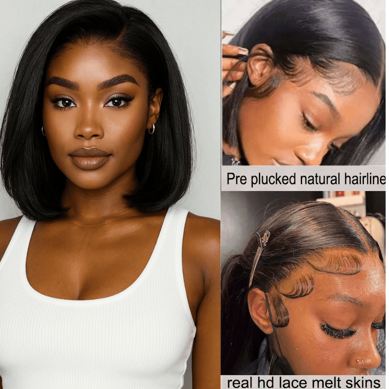 CHARLIE - Peruca curta frontal HD Lace real, corte reto, cabelo humano 13x4, Pre Plucked, sem cola