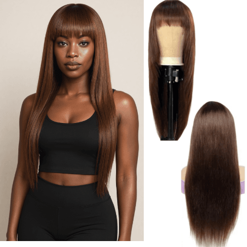 EBONY - Layer Cut Mocha Medium Brown Human Hair Wigs, Straight Wig With Bangs
