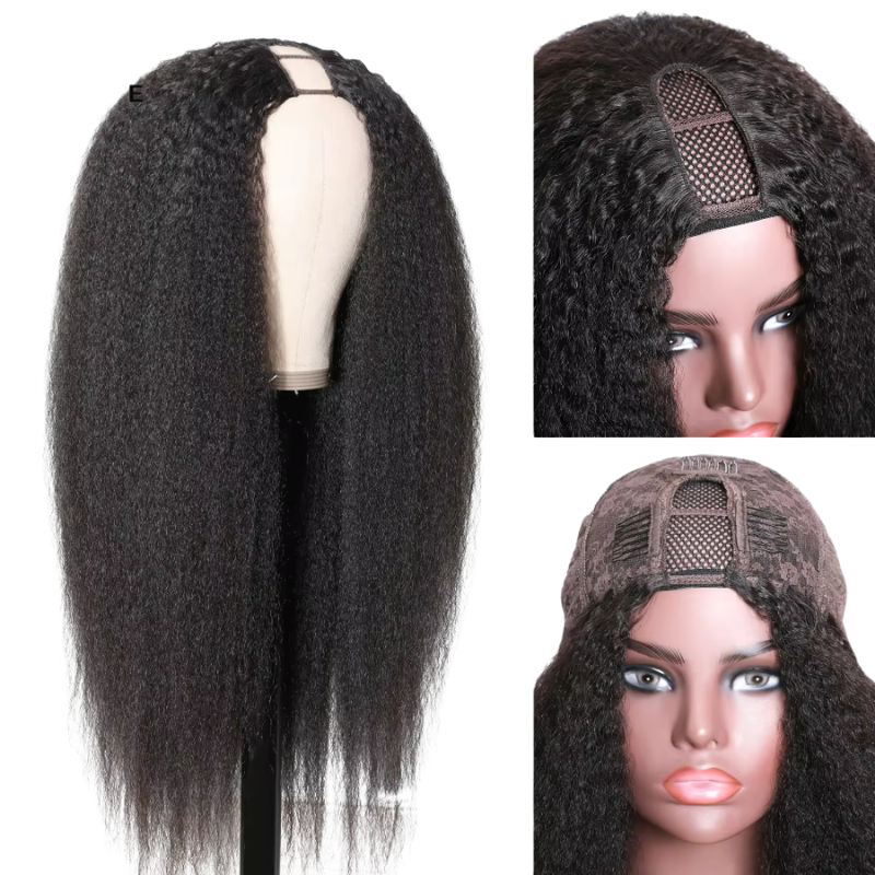 HANNA - Kinky Straight V Part Wig U Part Wig 100% Human Hair No Glue Minimal Leave Out, Wig With Drawstring