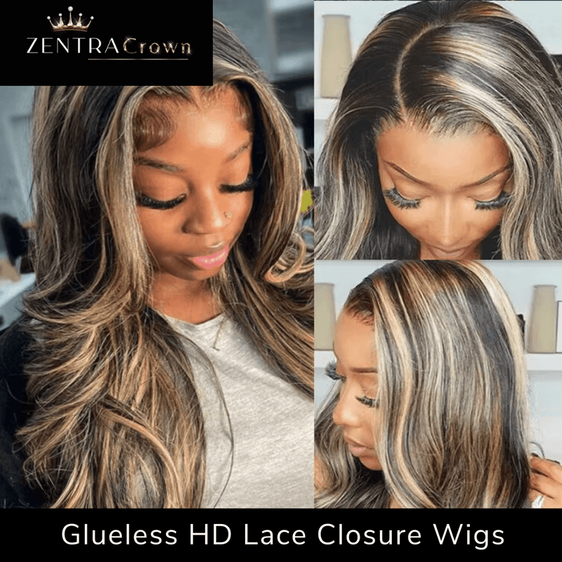 MELANI - Peruca com fechamento de HD Lace 5X5, 34 polegadas, mechas onduladas, loiro mel, 250% Cabelo Humano SEM COLA, Pronta para usar