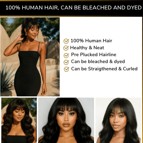 NAMIKO - Peruca de Cabelo Humano pré-cortada, pré-descolorida, 7x5, com ondas soltas e franja, sem cola, Pre Plucked, com Lace frontal