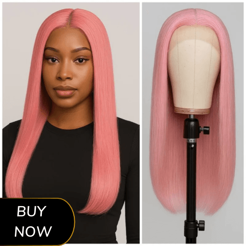 Cabelo rosa em camadas, corte de cabelo reto, peruca de Lace frontal, fibra sintética térmica
