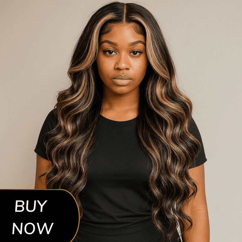 MELANI - Peruca com fechamento de HD Lace 5X5, 34 polegadas, mechas onduladas, loiro mel, 250% Cabelo Humano SEM COLA, Pronta para usar