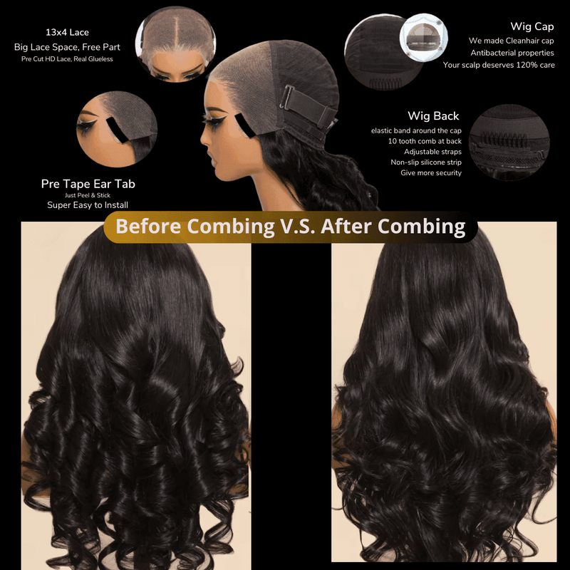 TAYLOR - Peruca Body Wave, 250% de densidade, 13x4, cabelo humano, Lace Frontal, pré-depilada, pré-descolorida, pré-cortada, sem cola, para usar e usar
