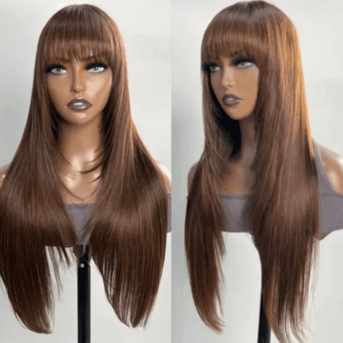 EBONY - Layer Cut Mocha Medium Brown Human Hair Wigs, Straight Wig With Bangs
