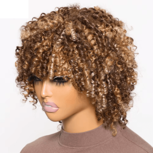 SOLEIL 
Peruca afro crespa com mechas loiras e cachos curtos, 100% cabelo humano, cacheados e saltitantes