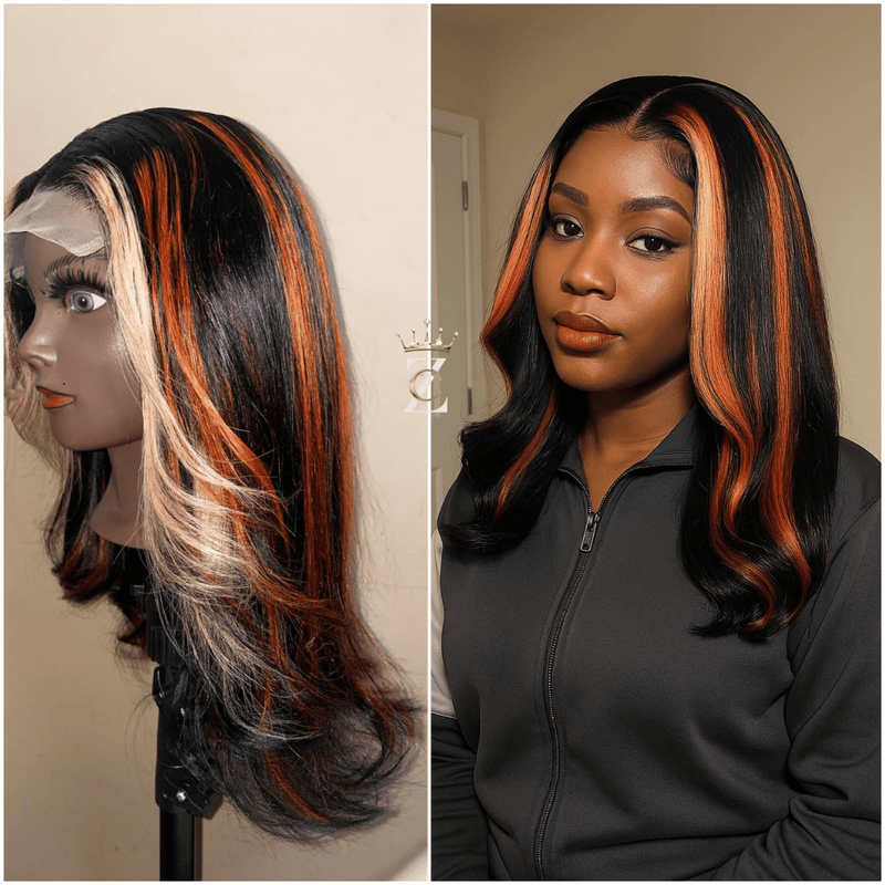ROXXANE - 7x5 Glueless Wig Human Hair Red Blonde Highlight Loose Wave Wigs Pre Bleached & Pre Cut Lace