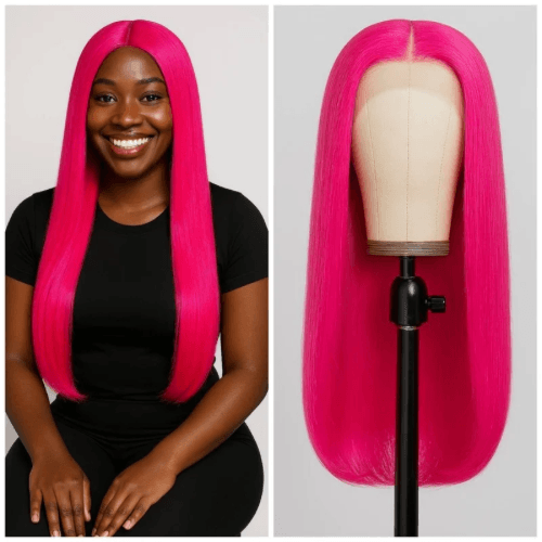 Cabelo rosa em camadas, corte de cabelo reto, peruca de Lace frontal, fibra sintética térmica