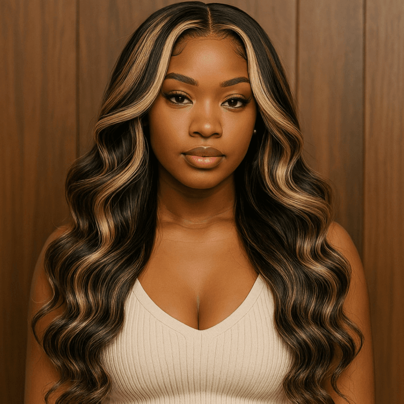 MELANI - Peruca com fechamento de HD Lace 5X5, 34 polegadas, mechas onduladas, loiro mel, 250% Cabelo Humano SEM COLA, Pronta para usar