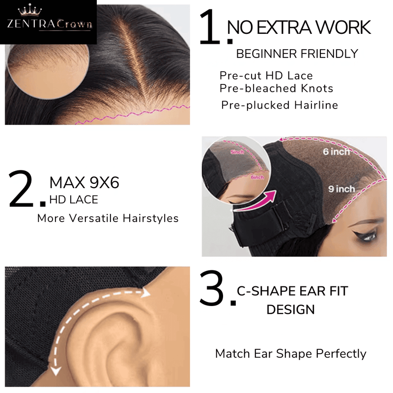 ZOË - Use e vá peruca frontal de renda com ondas corporais pré-descoloridas, nós 6x9 M, peruca de renda sem cola, cabelo humano pré-cortado e pré-arrancado