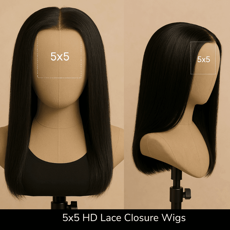 AMBER - Peruca preta sem cola 5x5 HD Lace Closure Perucas de cabelo humano Pre Plucked, lisas e prontas para usar