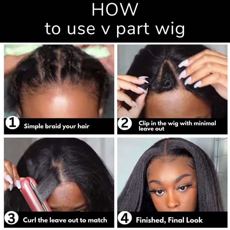 HANNA - Kinky Straight V Part Wig U Part Wig 100% Human Hair No Glue Minimal Leave Out, Wig With Drawstring